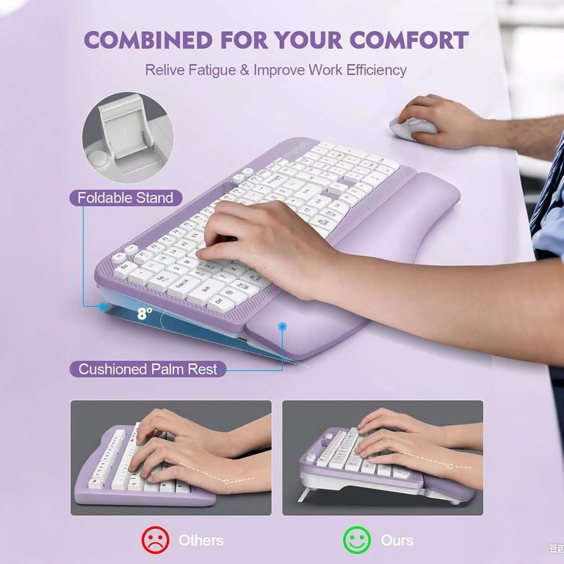 EAYBLLY Wireless Keyboard and Mouse Combo, Wave Keys Full-Sized Ergonomic Keyboard with Cushioned Plam Rest, Phone Holder, Comfortable Natural Typing, 2.4G Cordless Set for Computer, Laptop, PC, Mac, Windows - Image 4